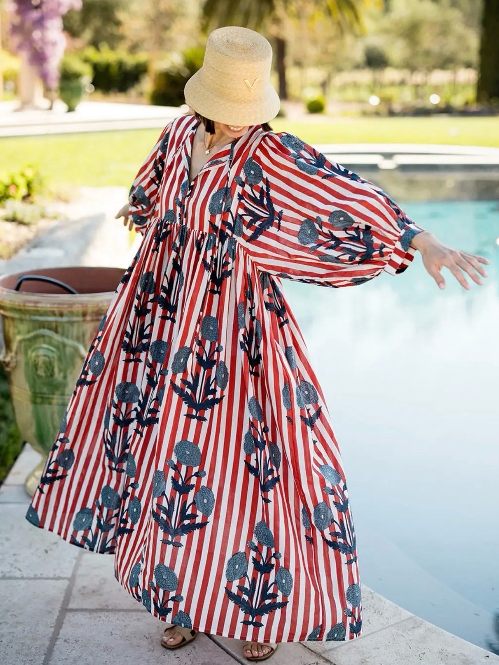 Maison Marigold taj Striped Red & White maxi Dress with Blue Floral Print